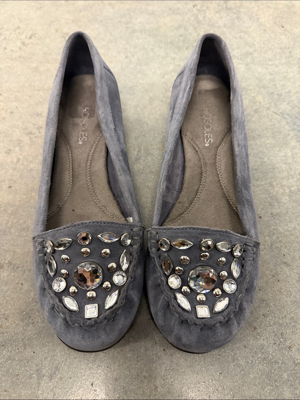 AEROSOLES Grey Suede Jeweled Moccasins